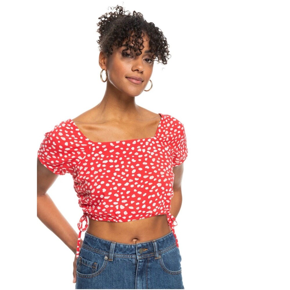 Rozy Dear Amor Crop Top Red White Abstract Print Women Size Small